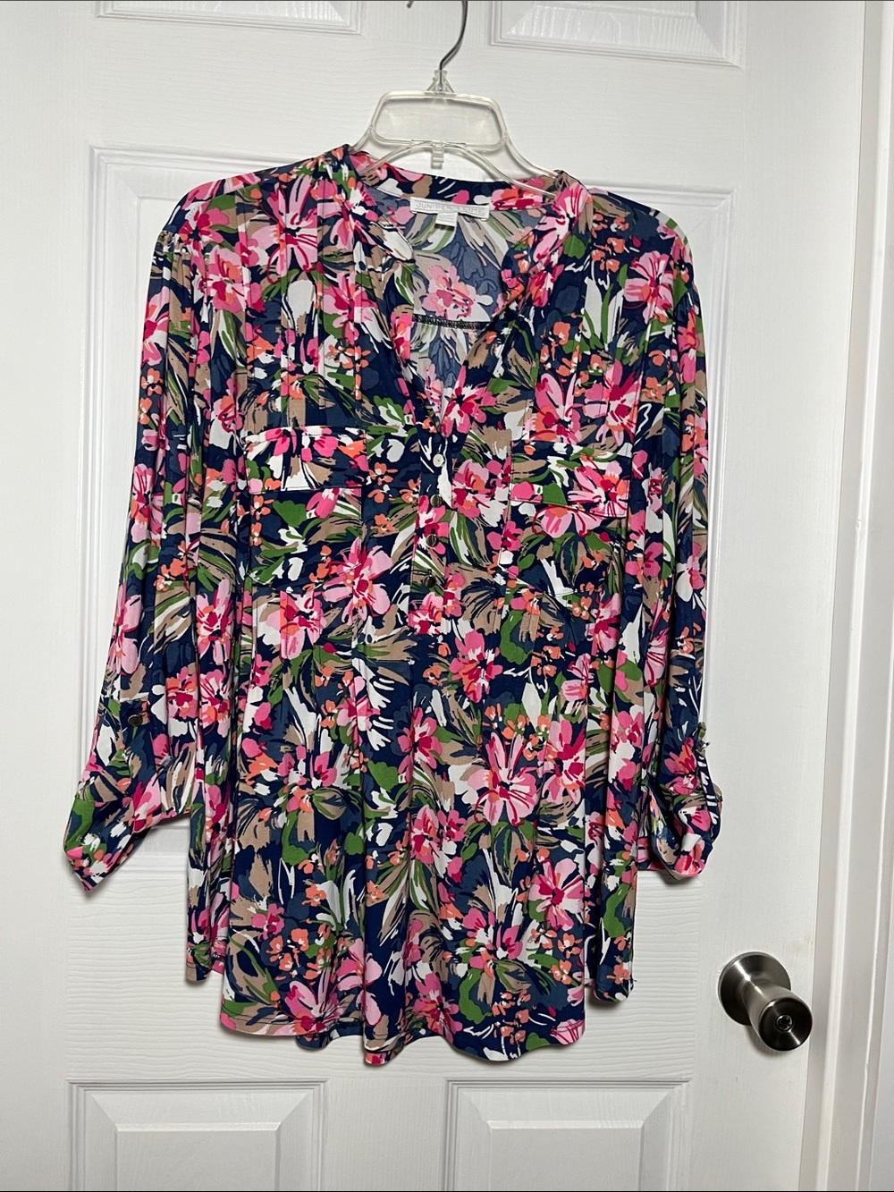 Juniper + Lime Navy Floral V-Neck Tunic with Pink & Green Blooms